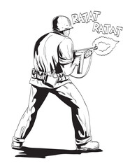 Comics style drawing or illustration of a World War Two American GI soldier firing aiming rifle viewed from front on isolated background in black and white retro style.