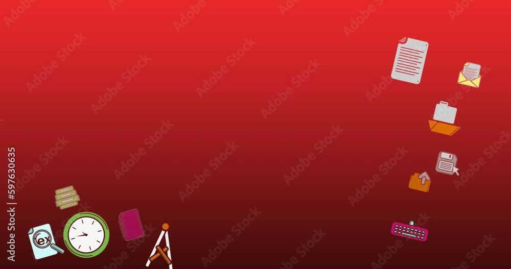Poster animation of multiple school concept icons against copy space on red gradient background
