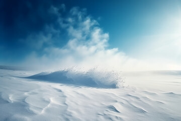 Winter snow background with snowdrifts, beautiful light and falling flakes of snow on blue sky, drifting snow. AI generative