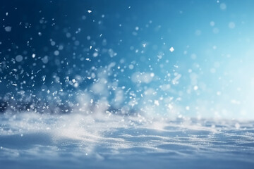 Winter snow background with snowdrifts, beautiful light and falling flakes of snow on blue sky, drifting snow. AI generative