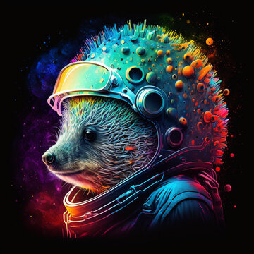 Psychedelic and futuristic astronaut hedgehog animal