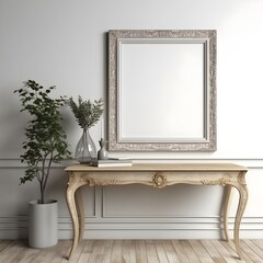 Photo frame mockup of an empty, blank poster, still life, against white wall, photo realistic