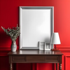 Photo frame mockup of an empty, blank poster, still life, against red wall, photo realistic