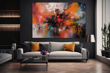 Bold and energetic abstract expressionism in a contemporary living space: Vibrant primary colors with strong light and shadow contrast, created using generative AI