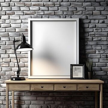 Photo frame mockup of an empty, blank poster, still life, against dark grey brick wall, photo realistic