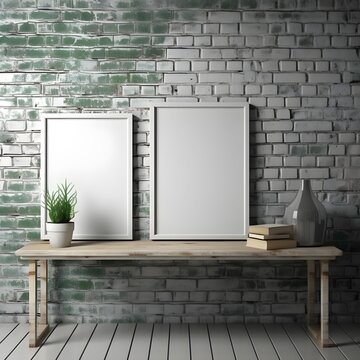 Photo frame mockup of an empty, blank poster, still life, against green and white brick wall, photo realistic
