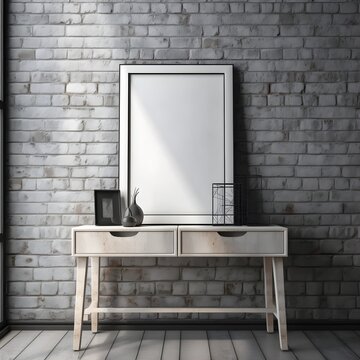 Photo frame mockup of an empty, blank poster, still life, against grey brick wall, photo realistic