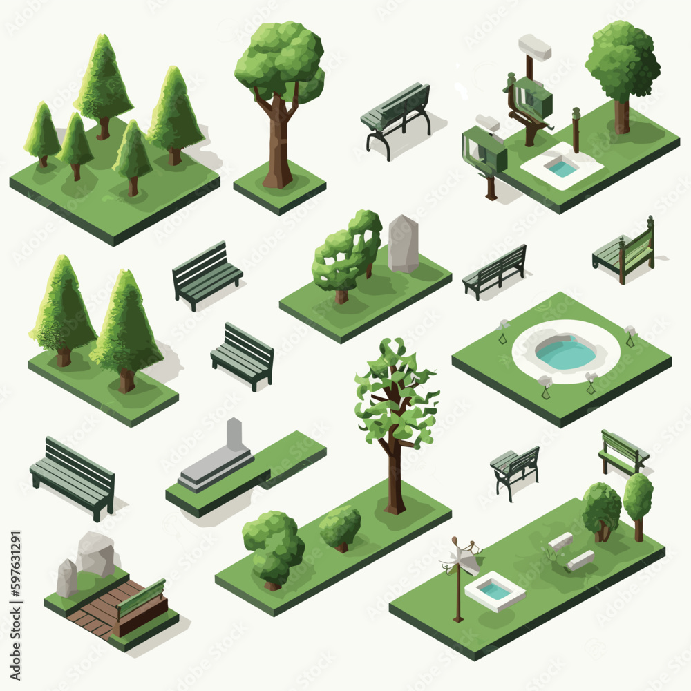 Poster park set isometric vector simple illustration