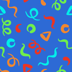 Cute colourful line squiggle doodle seamless pattern in memphis style, abstract vector illustration