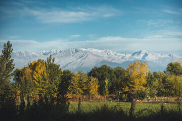 autumn farm landscape with mountains