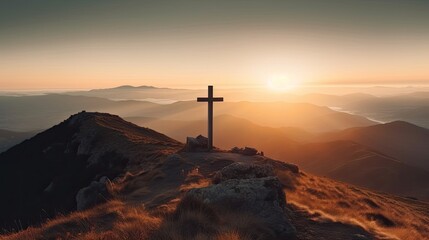 The cross with the sun behind, mountain landscape. Generative AI