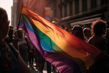 An pride flag in an evening crowd of bright lights in the city. homosexual themes, selective focus. Generative AI