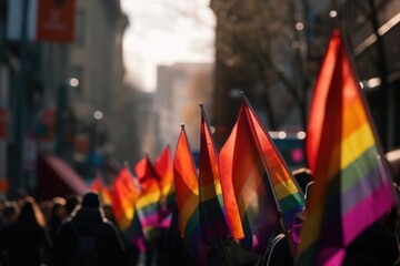 An pride flag in an evening crowd of bright lights in the city. homosexual themes, selective focus. Generative AI