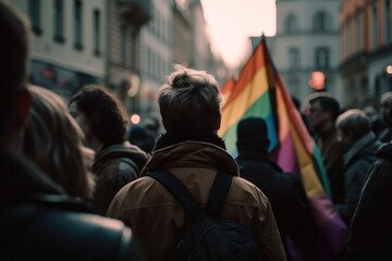 An pride flag in an evening crowd of bright lights in the city. homosexual themes, selective focus. Generative AI