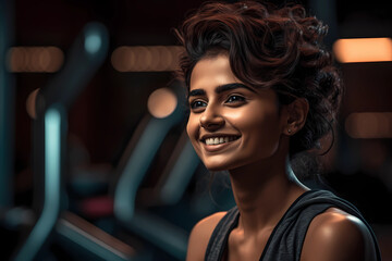 Fototapeta premium portrait of a cute Indian lady, Working out in gym, fit and confident, healthy and happy. Generative AI