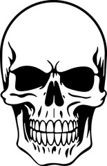 Illustration of evil skull in black and white style.