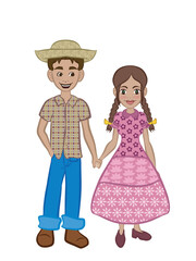 Couple holding hands wearing farmer costumes from the Brazilian Festa Junina. Vector illustration isolated on transparent background