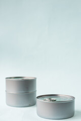 Food cans on blue background