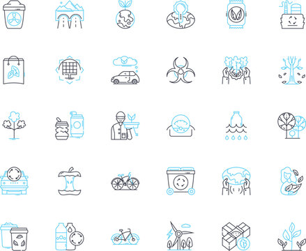 Environmental progressions linear icons set. Sustainability, Renewable, Eco-friendly, Conservation, Biodiversity, Greenhouse, Carbon-neutral line vector and concept signs. Generative AI