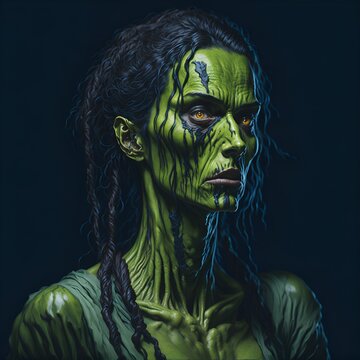 Zombie woman. Realistic painting. Picture for halloween day. Beautiful and scary girl. The heroine of comics, cartoons and feature films.