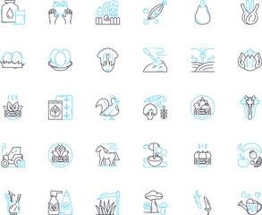 Eco-friendly farming linear icons set. Sustainable, Organic, Composting, Agroforestry, Permaculture, Biodiversity, Aquaponics line vector and concept signs. Crop Generative AI