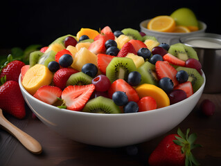 A colorful and vibrant fruit salad, presented in a white ceramic bowl