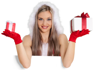 Young cute christmas woman holding gift boxes isolated on white background