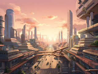 An illustration of a futuristic cityscape, bustling with life and energy