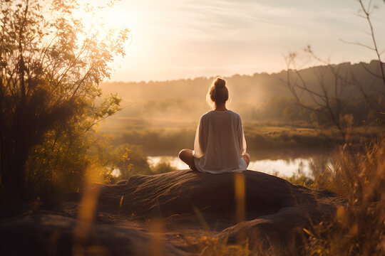 person meditating in nature with an emphasis on tranquility, mindfulness, and relaxation