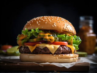 A close-up shot of a delicious, juicy burger with all the toppings