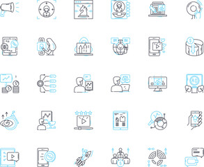 Brand outreach linear icons set. Awareness, Marketing, Engagement, Exposure, Relationship, Collaboration, Promotion line vector and concept signs. Influencer,Partnership,Nerking outline illustrations