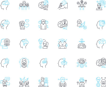 Behavioral Therapy linear icons set. Approach, Change, Cognition, Commitment, Control, Coping, Exposure line vector and concept signs. Feedback,Focus,Goals outline illustrations