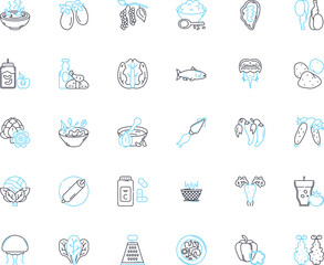 Brunch linear icons set. Pancakes, Mimosa, Waffles, Bloody Mary, Croissant, Omelette, Frittata line vector and concept signs. Pastries,Bagel,Biscuits outline illustrations
