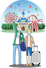 カップルで遊園地を訪れる外国人観光客