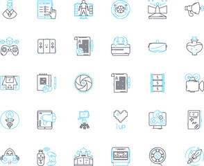 Audiovisual market linear icons set. Projection, Recording, Playback, Editing, Streaming, Production, Soundscapes line vector and concept signs. Videography,Acoustics,Cinematography outline