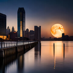 Lua brilhando  sobre  o lago e a  cidade