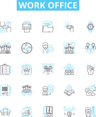Work office vector line icons set. Workplace, Desk, Office, Computer, Chair, Printer, Scanner illustration outline concept symbols and signs