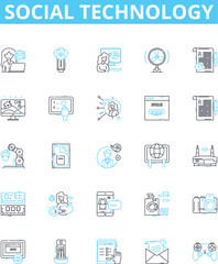 Social technology vector line icons set. social, technology, media, networking, marketing, collaboration, software illustration outline concept symbols and signs