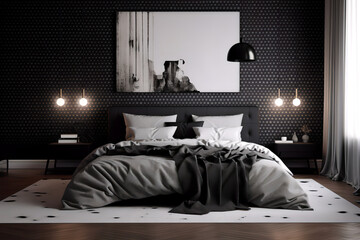 realistic modern bedroom, luxury studio apartment in black and white colors, AI-Generated