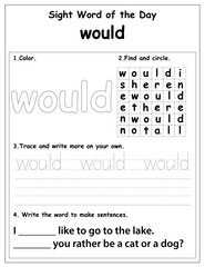 Sight words educational worksheet for preschool and primary school learning, coloring activities for children, preschool activities