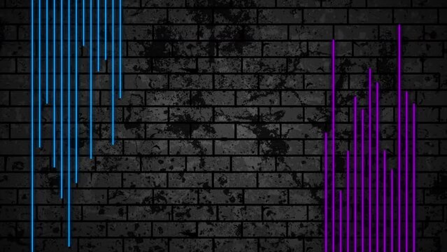 Blue purple neon technology lines on black brick grunge wall. Seamless looping abstract motion design. Video animation Ultra HD 4K 3840x2160