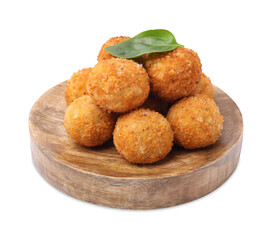 Wooden tray with delicious fried tofu balls and basil on white background