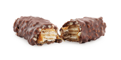 Pieces of chocolate bar with caramel on white background