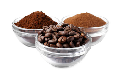 Bowls with different types of coffee on white background