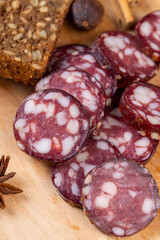 sliced high-quality pork sausage with the addition of lard pieces