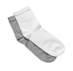 Different socks isolated on white, top view