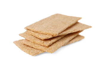 Stack of fresh crunchy rye crispbreads on white background