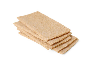 Stack of fresh crunchy rye crispbreads on white background