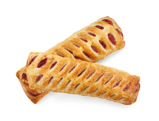 Fresh tasty puff pastry on white background, top view