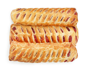 Fresh tasty puff pastry on white background, top view